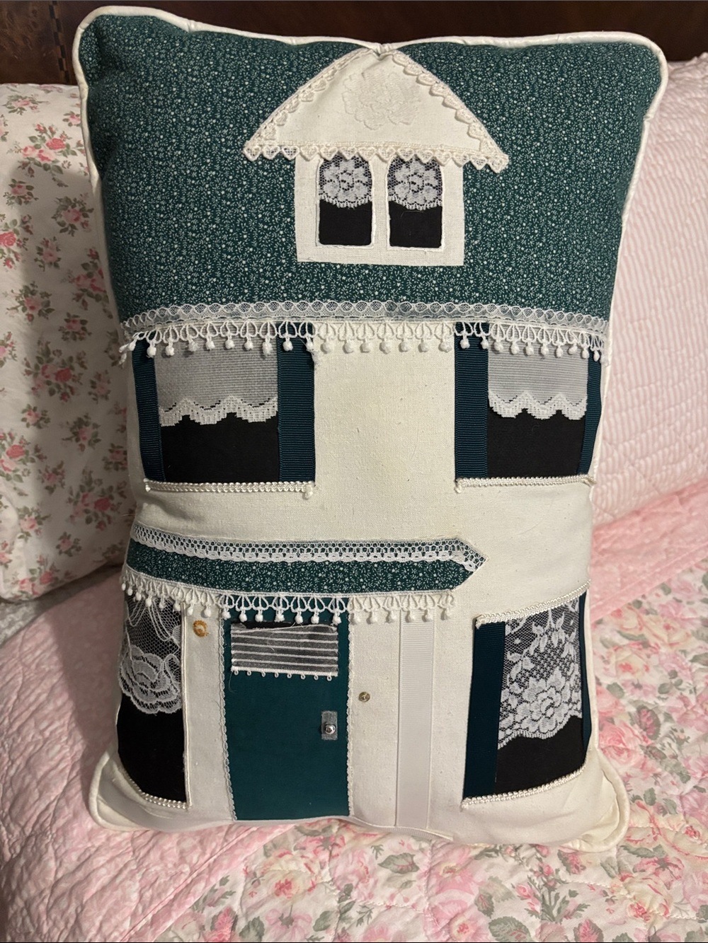 Handmade (?) Cottage House Decorative Pillow in Teal and Cream